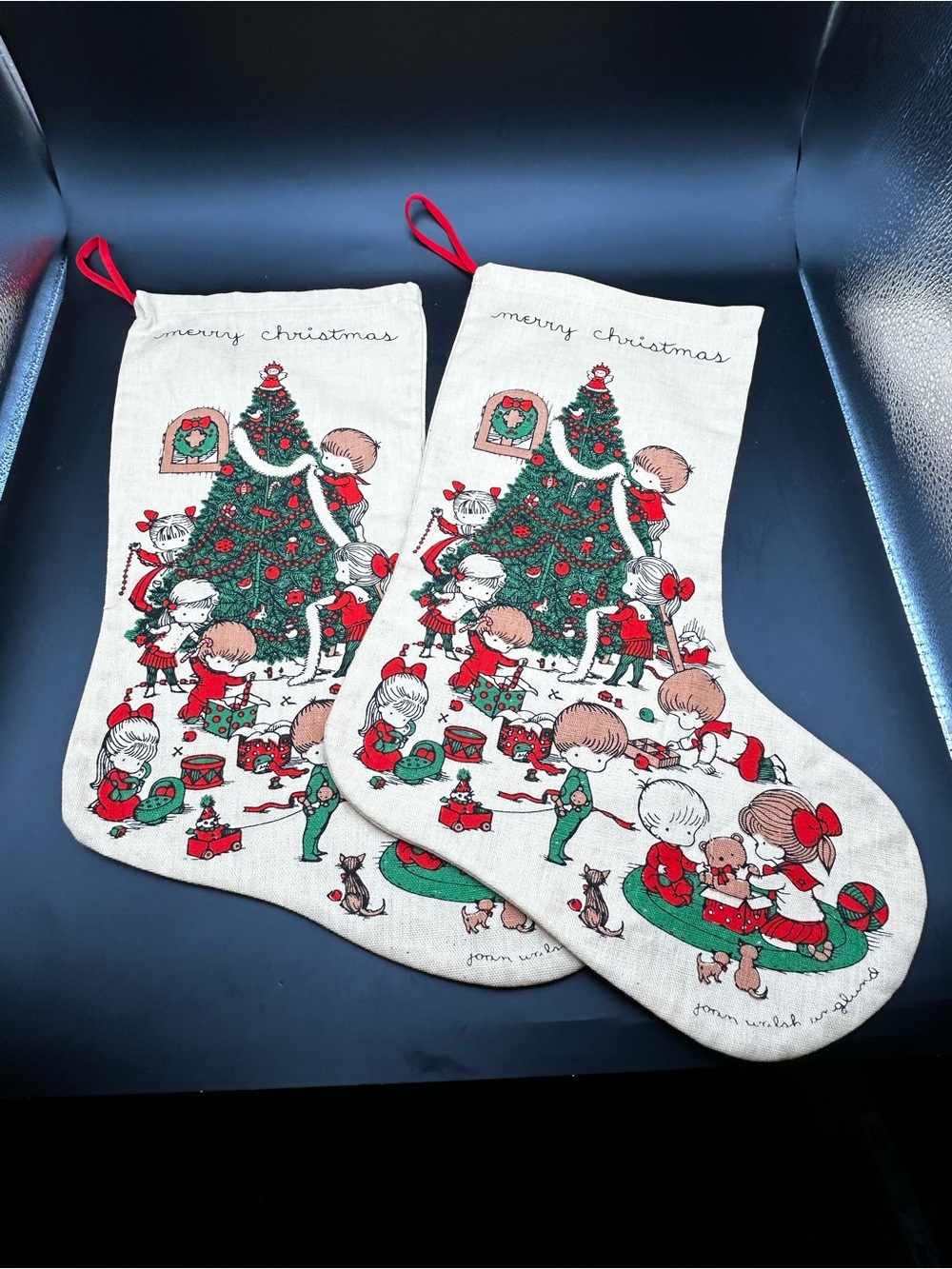 Classic Merry Christmas Holiday Stockings in Cream, Green & Red